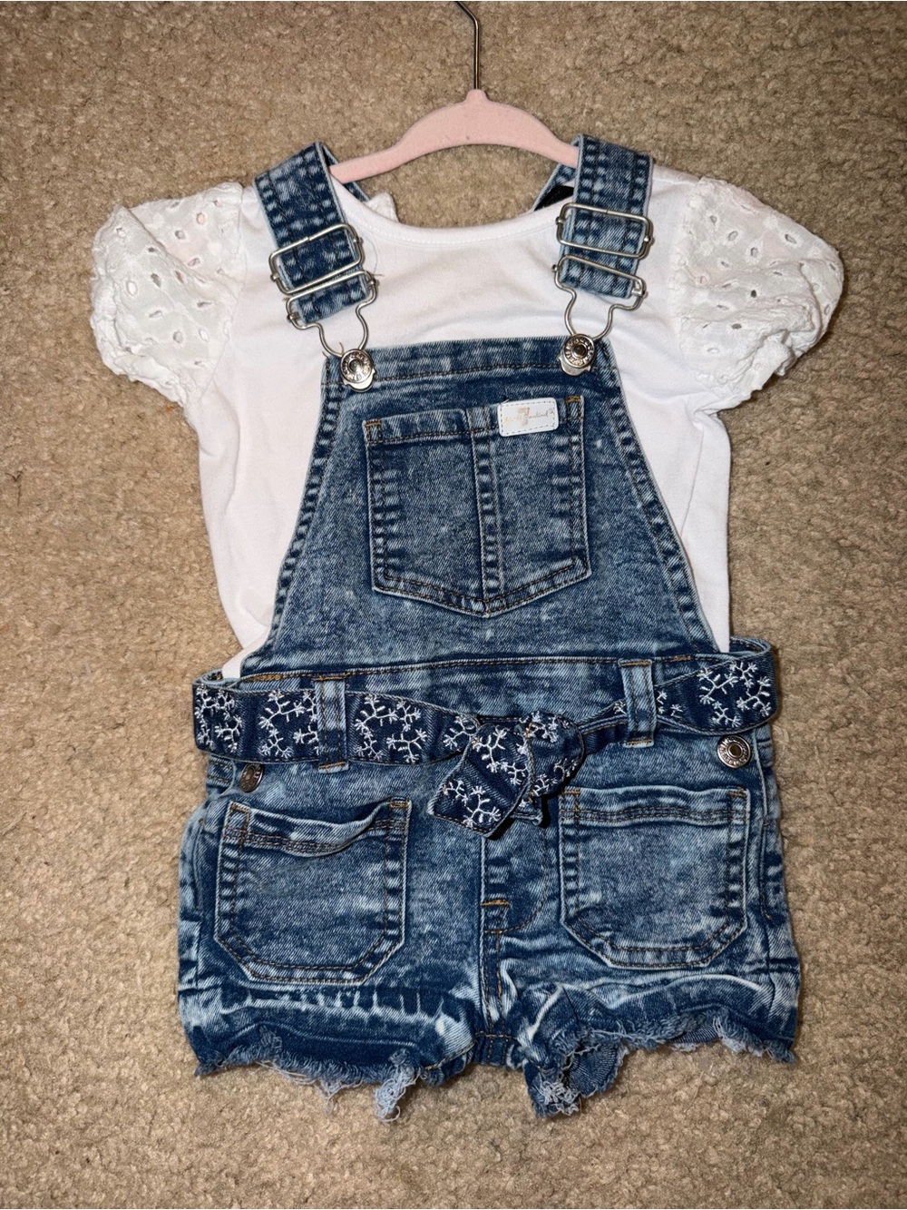 Toddler Girls 2pc Denim Blue Short Overalls with White Tee